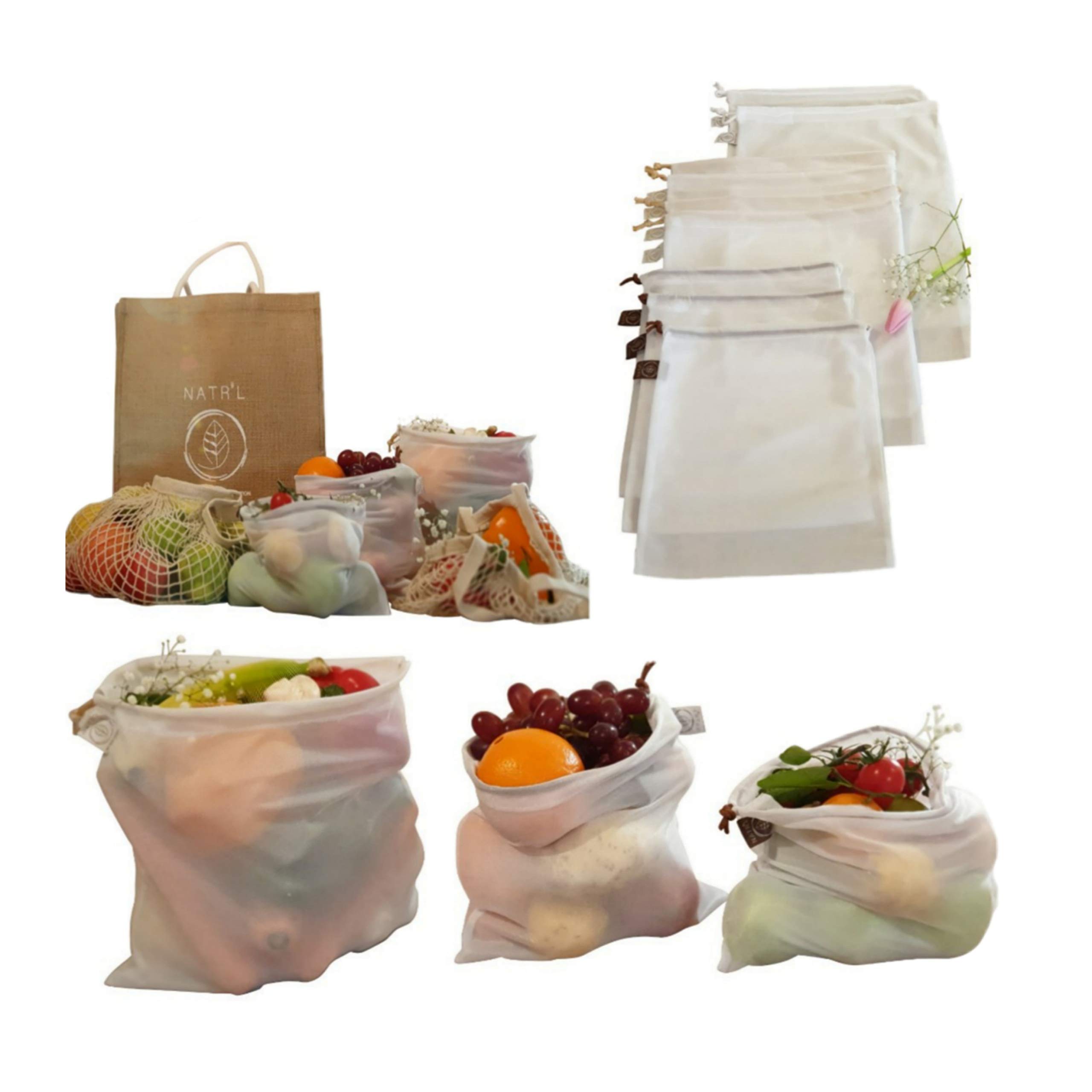 Produce Bag Set Plus Net Shopping Bags and Natural Jute Bag 12 Bag Set