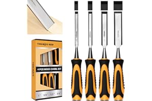 TOOLMAYS 4-Piece Wood Chisel Set, Carbon Steel Blades with Ergonomic Handle, 3/8" 1/2" 3/4" 1" for Woodworking, Durable Metal Strike Cap (5-inch Handle for Comfortable Grip)