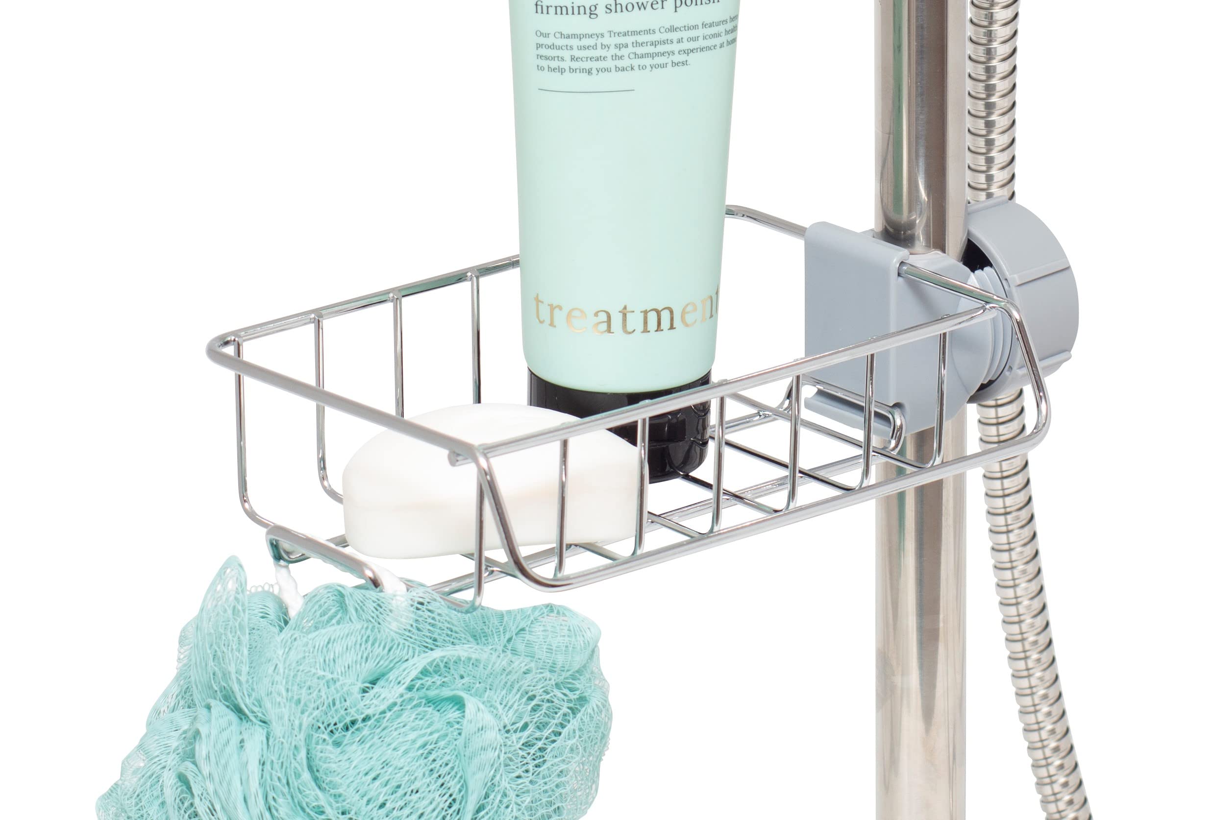 simplywire - Shower Storage Caddy - Screws onto Shower Pole - No Drill Bathroom Shelf - Chrome