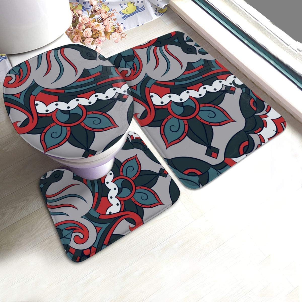 Bathroom Rugs Sets 3pc Mehndi Paisley Pattern Non Slip Bath