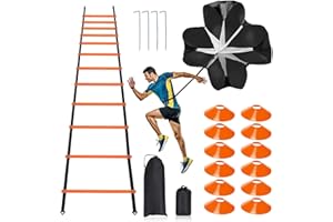 RAINMAE Pro Speed & Agility Training Set—Includes 12 Rung 20ft Adjustable Agility Ladder with Carrying Bag, 12 Disc Cones, 4 Steel Stakes, 1 Resistance Parachute, Use Equipment to Improve Footwork Any Sport