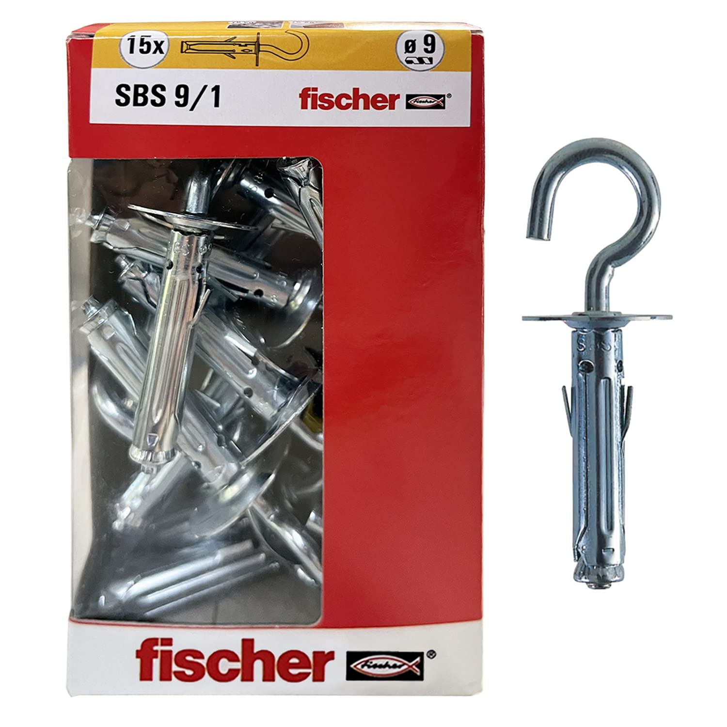 Fischer, 15 Metal dowels SBS 9/1 Y with Open Eye for Fixing Furniture, Shelves, Mirrors on Concrete and Solid Brick