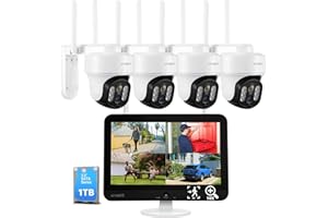 [WiFi 6 & 10X Zoom] XMARTO Wireless PTZ Security Camera System Outdoor with 10X Zoom and AI Auto Tracking, 2K HD Dual-Lens Cameras, 12" LCD Monitor NVR/DVR and 1TB HDD Included