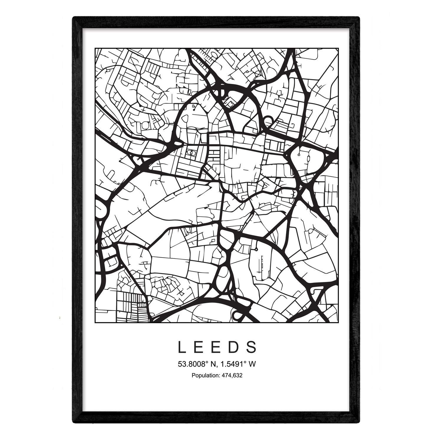 Nacnic Map blade Leeds City Scandinavian style in black and white. A3 size poster Printed paper No 250 gr. Paintings, prints and posters for living room and bedroom