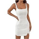 SOLY HUX Women's Mini Dress Square Neck Sleeveless Split Bodycon Tank Dresses