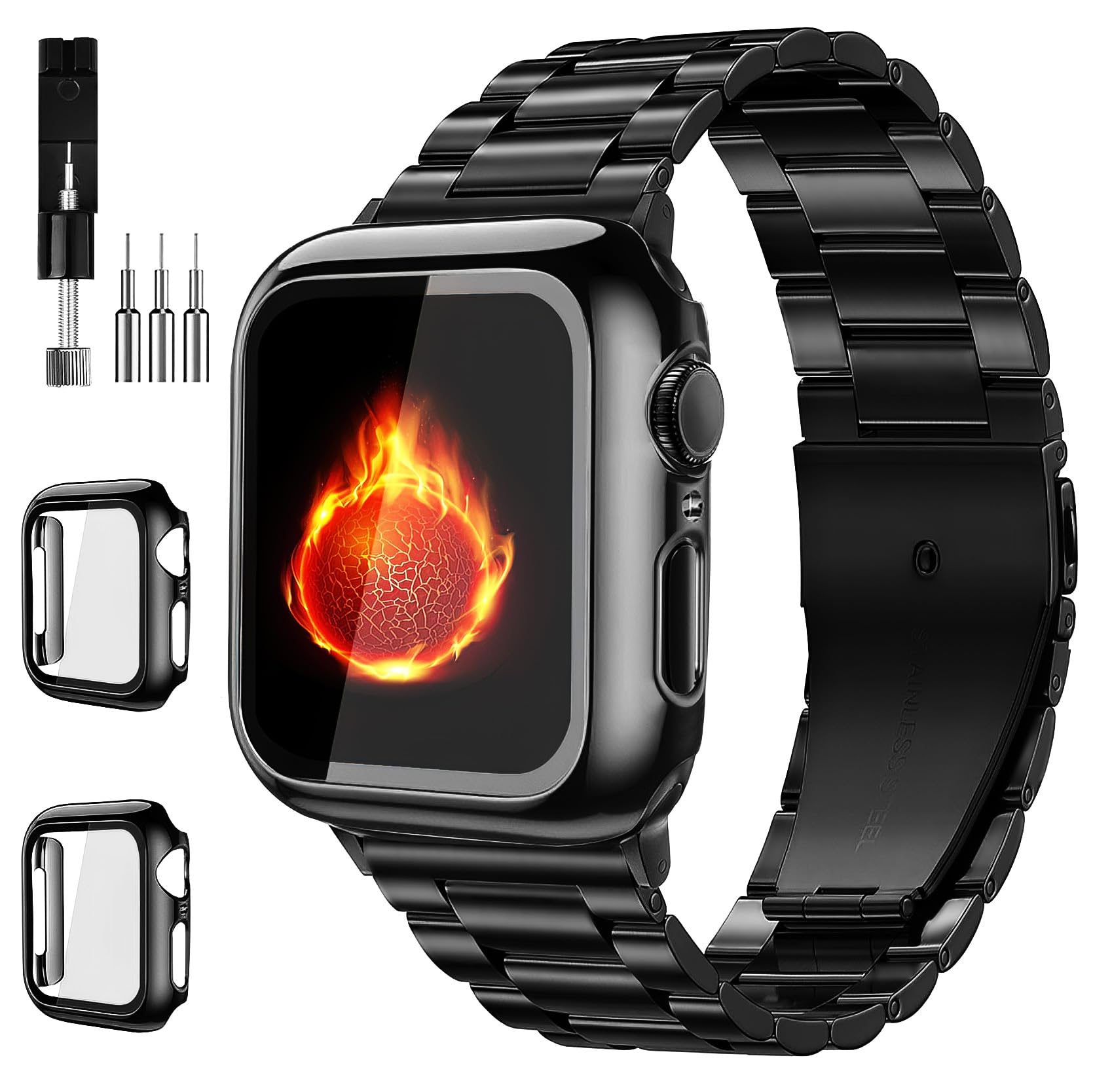 Bekomo Compatible with Apple Watch Band 49mm 46mm 44mm 45mm 42mm 40mm 38mm 41mm, Stainless Steel iWatch Bands with 2 Pack Tempered Glass Case for Series 11/10/9/Ultra 3 2/8/7/6/5/4/3/2/1/SE for Men