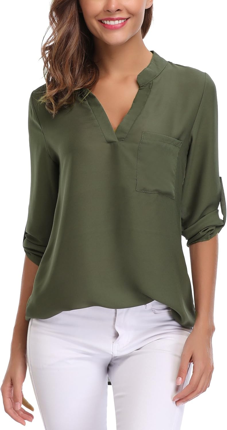 iClosam Women's Casual VNeck Cuffed Sleeve Chiffon Shirt Breezy Trendy