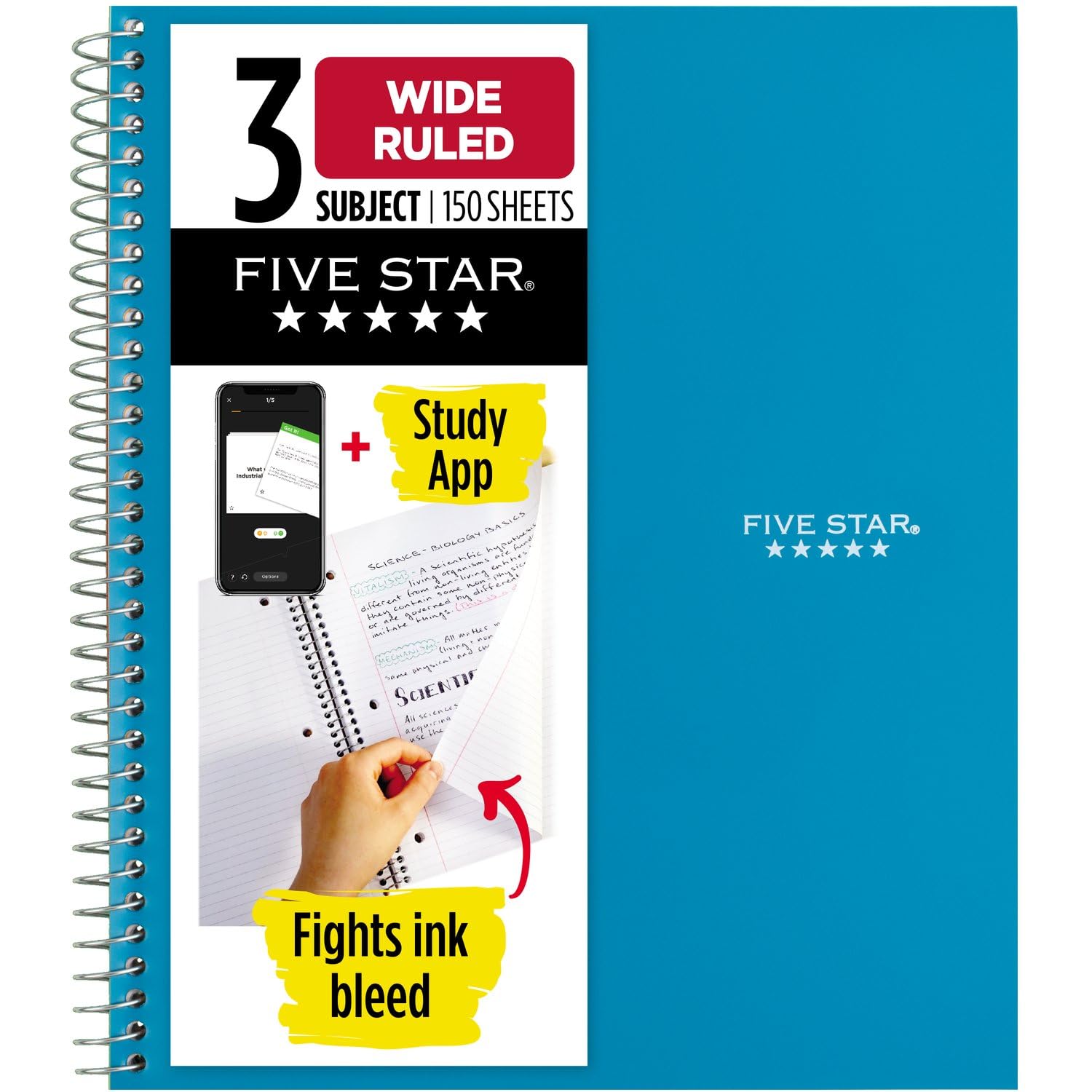 Photo 1 of Five Star Spiral Notebook + Study App, 3 Subject, Wide Ruled Paper, 8" x 10-1/2", 150 Sheets, Fights Ink Bleed, Water Resistant Cover, Tidewater Blue (73184)