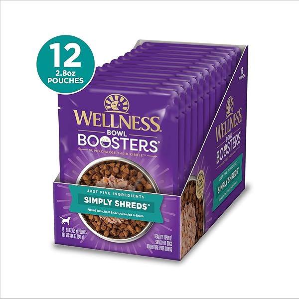 WELLNESS BOWL BOOSTERS SIMPLY SHREDS WET DOG FOOD TOPPER FOR SMALL, MEDIUM, & LARGE BREEDS, GRAIN FREE, NATURAL, TUNA, BEEF & CARROTS, 2.8 OUNCE POUCH (PACK OF 12)
