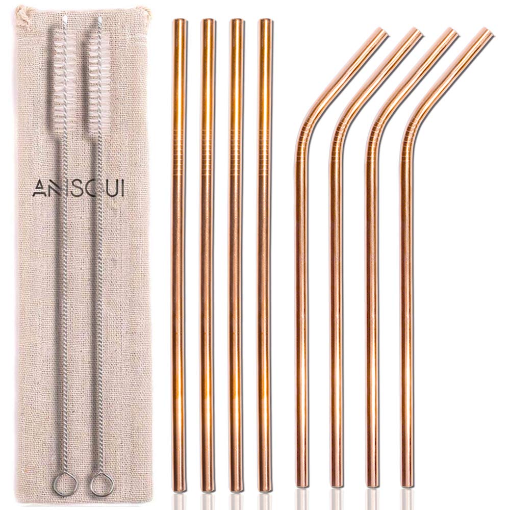 AniSqui 8.5'' Metal Straws Rose Gold, Set of 8 Reusable Stainless Steel Straws and Cleaner, (4 Straight + 4 Bent + 2 Brushes)