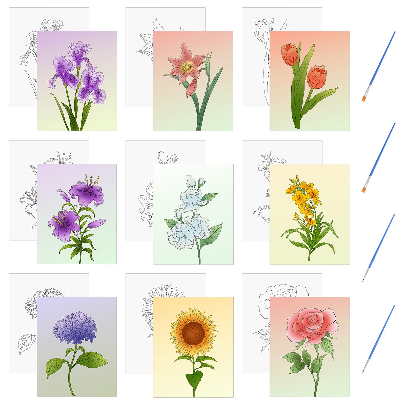 HICOHAND Pre Drawn Canvas, 9 PCS Flower Pre Printed Canvases for Painting Adults No-Frame 7.87 * 9.84 Inches Drawn Stretched Canvas Outline Kit for Painting Beginner Party Gifts