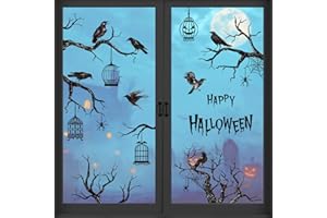 Yovkky Happy Halloween Horror Tree Window Decals Stickers, Scary Gothic Black Cat Crow Skull Skeleton Home Bedroom Decor, Creepy Jack O Lantern Pumpkin Spider Webs Living Room Kitchen Decorations