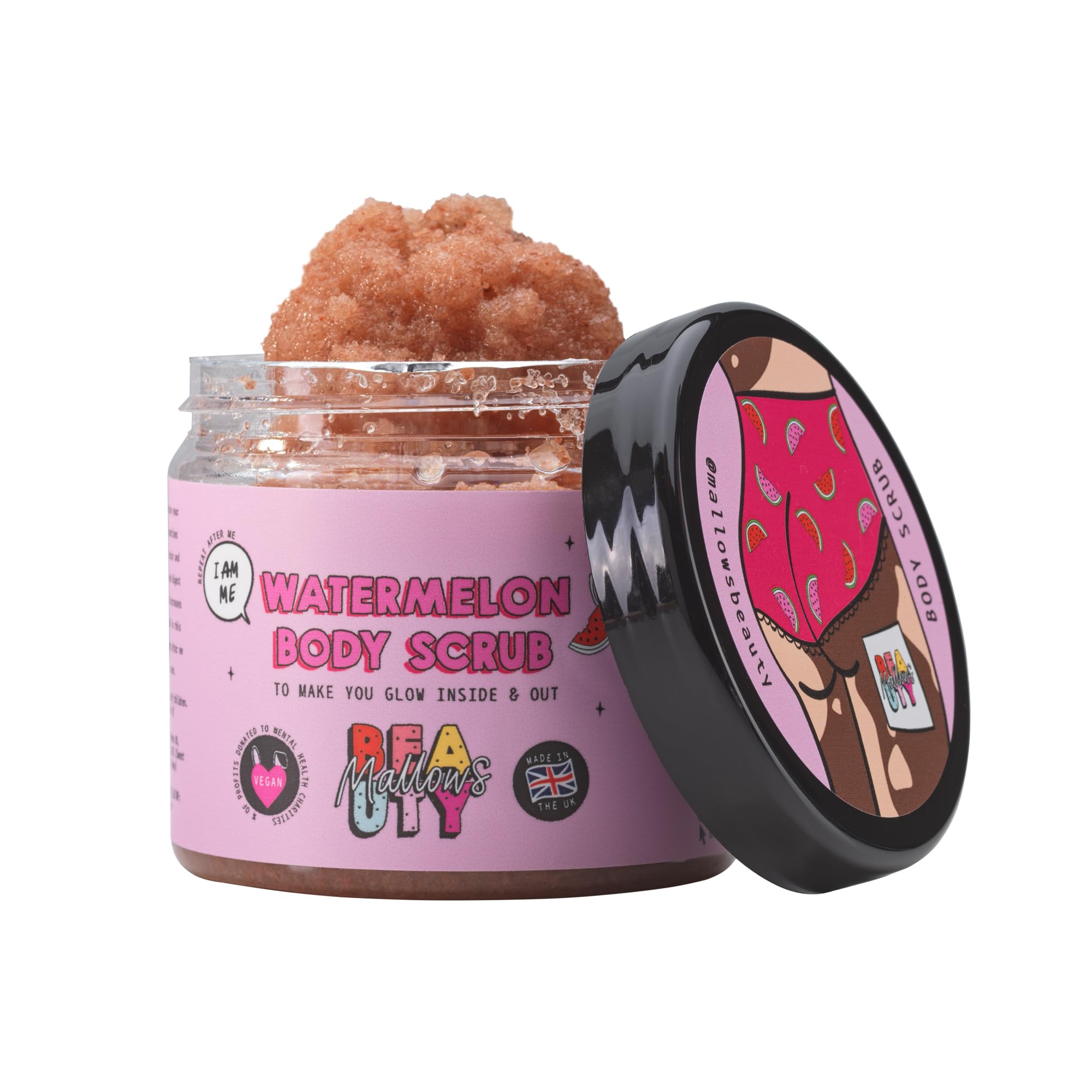 Mallows Beauty Watermelon Pink Himalayan Body Scrub, Exfoliating and Moisturizing, Prevents Strawberry Legs, Vegan, 250g