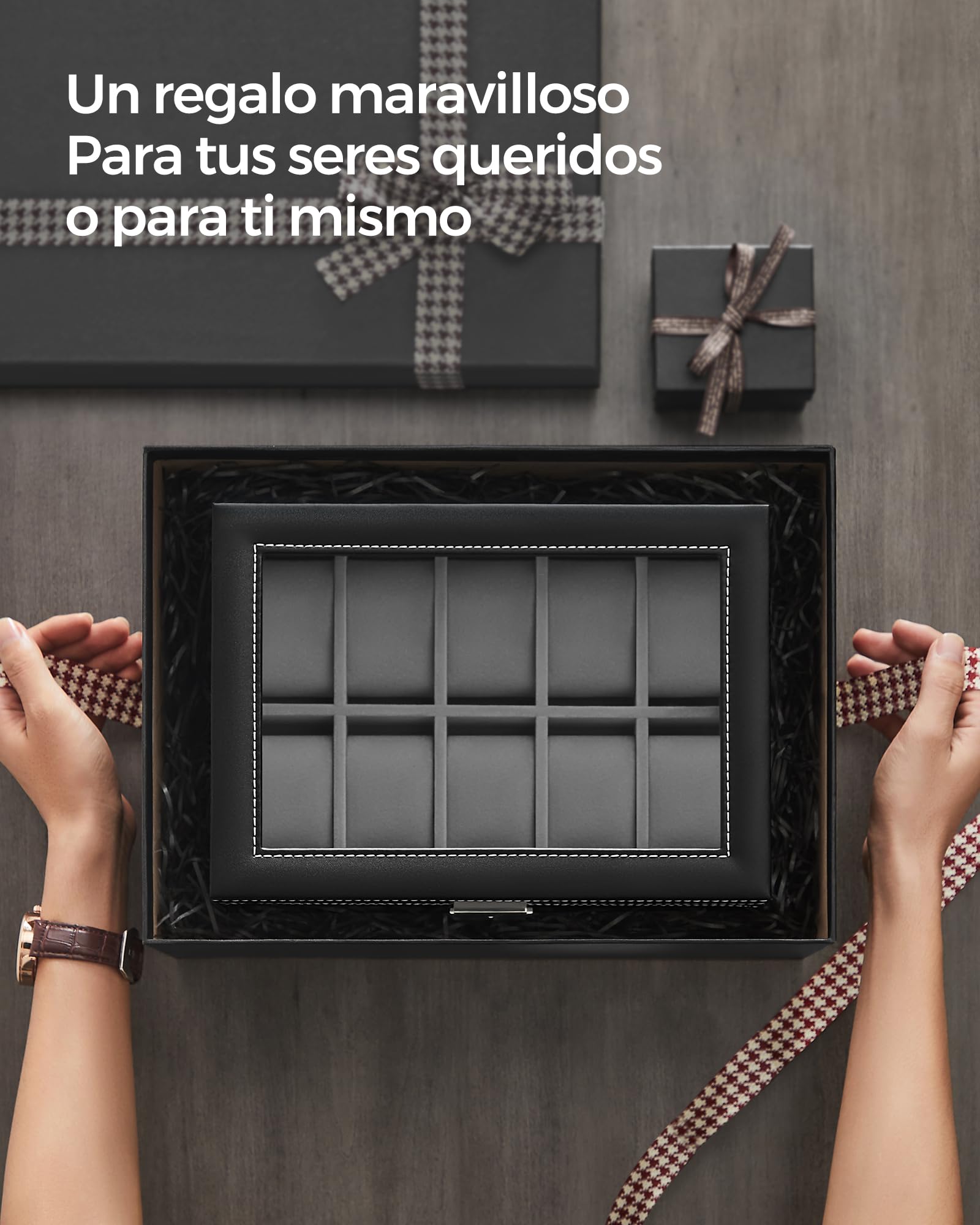 SONGMICS Watch Box, 20-Slot Watch Case Organizer with Large Glass Lid, Removable Pillows, Metal Lock, Gift for Loved Ones, Black Synthetic Leather, Christmas Gift, Gray Lining UJWB006V1