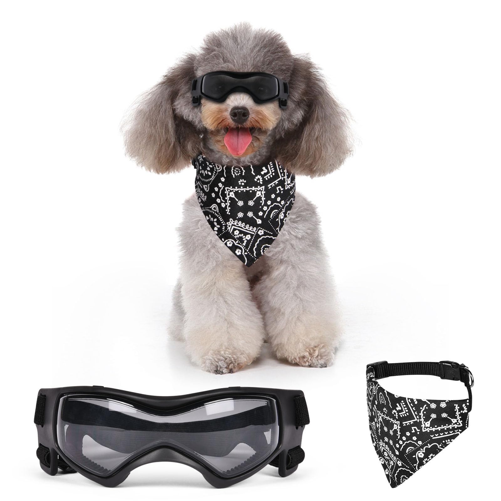 Adiwo Dog Sunglasses, Adjustable Dogs Goggles with Fashion Snood, Puppy Outdoor Glasses UV Protection Eye Wear, Windproof Antifog Pet Sunglasses for Small/Medium Dogs Hiking, Skiing, Traveling (M)