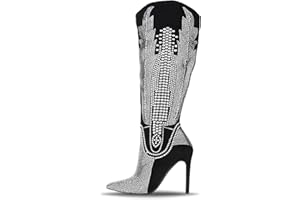 CAPE ROBBIN Knee High Cowboy Boots Women Western Wide Calf Rhinestone Cowgirl Boots for Women with Stiletto Heels Fashion Dress Boots for Women (Olkley)