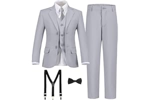 SISAVE Boy's Formal Suit 7 Piece Slim Fit Tuxedo for Kids Teen Boys Jacket Vest and Pants Set for Wedding with Bow Tie Suspenders
