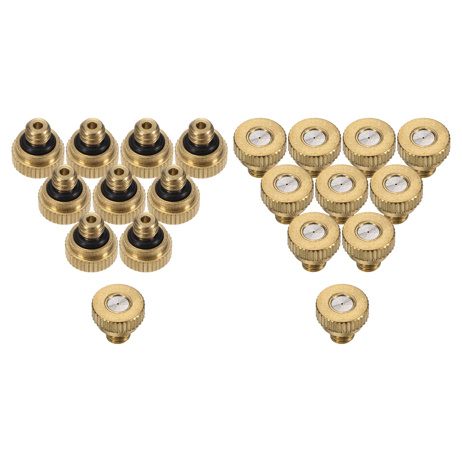 M METERXITY 20-Pack Brass Misting Nozzle, 0.016" 0.4mm Orifice 10/24 UNC O-Ring Replacement Mister Nozzles Plug Mister Heads for Garden Patio Outdoor Cooling System Low-Pressure Atomizing