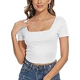 Qukayang Womens Square Neck Crop Tops Summer Short Sleeve Fitted Cute Sexy Y2k Tshirts for Teen Girl 2025 (XXS-XL)
