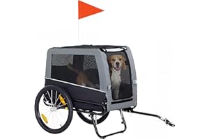PawHut Dog Bike Trailer, Pet Cart Bicycle Carrier with Support Feet, Large Wheels, 2 Doors, Reflectors, Flag, Dog Cart for Bi