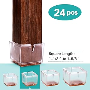 MelonBoat Chair Leg Floor Protectors with Felt Furniture Pads, Chair Glides Feet Caps, A-SQ039, 24 Pack, Fit Square Length 1-1/2 inches to 1-5/8 inches (3.6-4.15cm)
