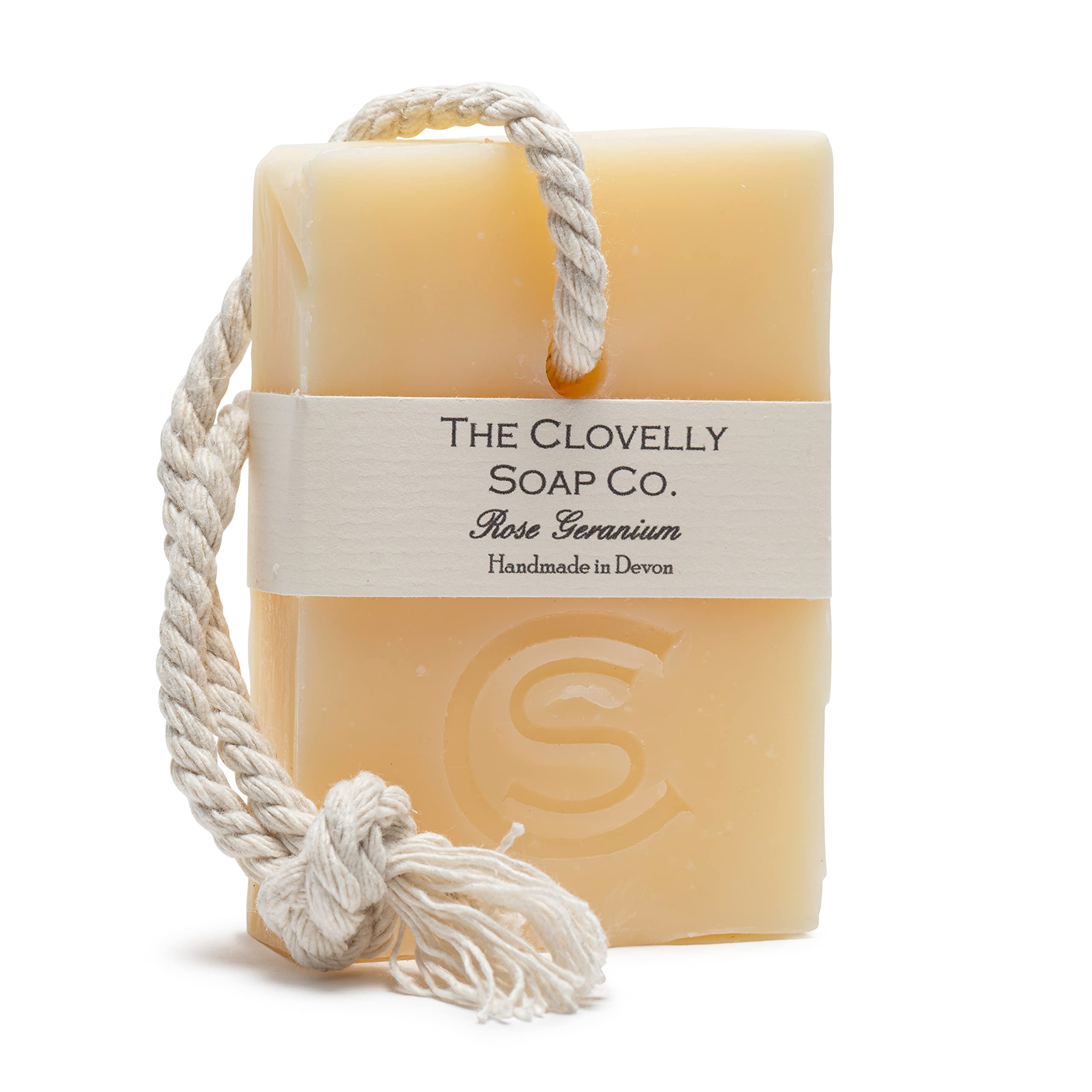 Clovelly Soap Co Natural Handmade Soap on a rope Bar (Rose Geranium, 100g) For all skin types.