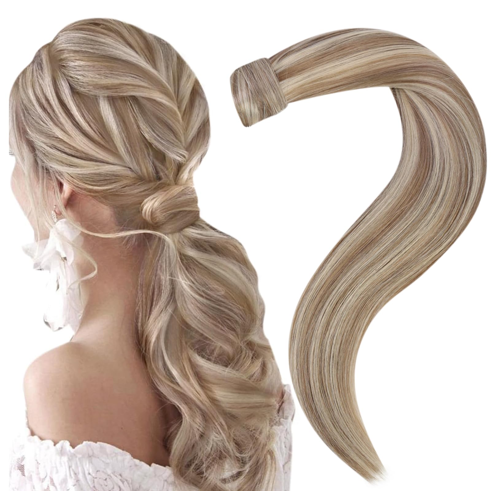 Easyouth Highlight Real Human Hair Ponytail Extension 18 Inch Clip in Ponytail Hair Extensions Human Hair Light Brown Highlight Platinum Blonde Ponytail Extension Human Hair 80g — image 1