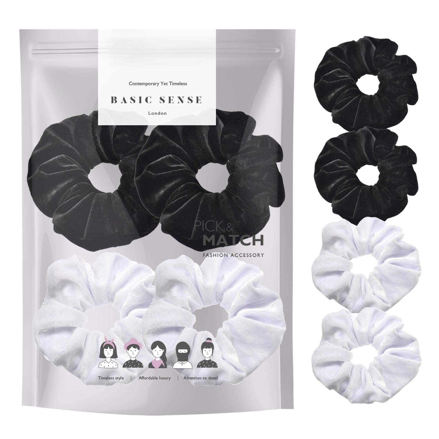 4 PCS SET Premium Large Hair Velvet Scrunchies Ties Bands Updo Ponytail Bobble Scrunchy Holder For Women Girl Kids, Black & White Combo Pack
