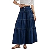 Simlakey Women’s Long Jean Skirt High Waist Tiered Ruffle Denim Maxi Skirts Flowy Swing A-Line Denim Skirt with Pockets