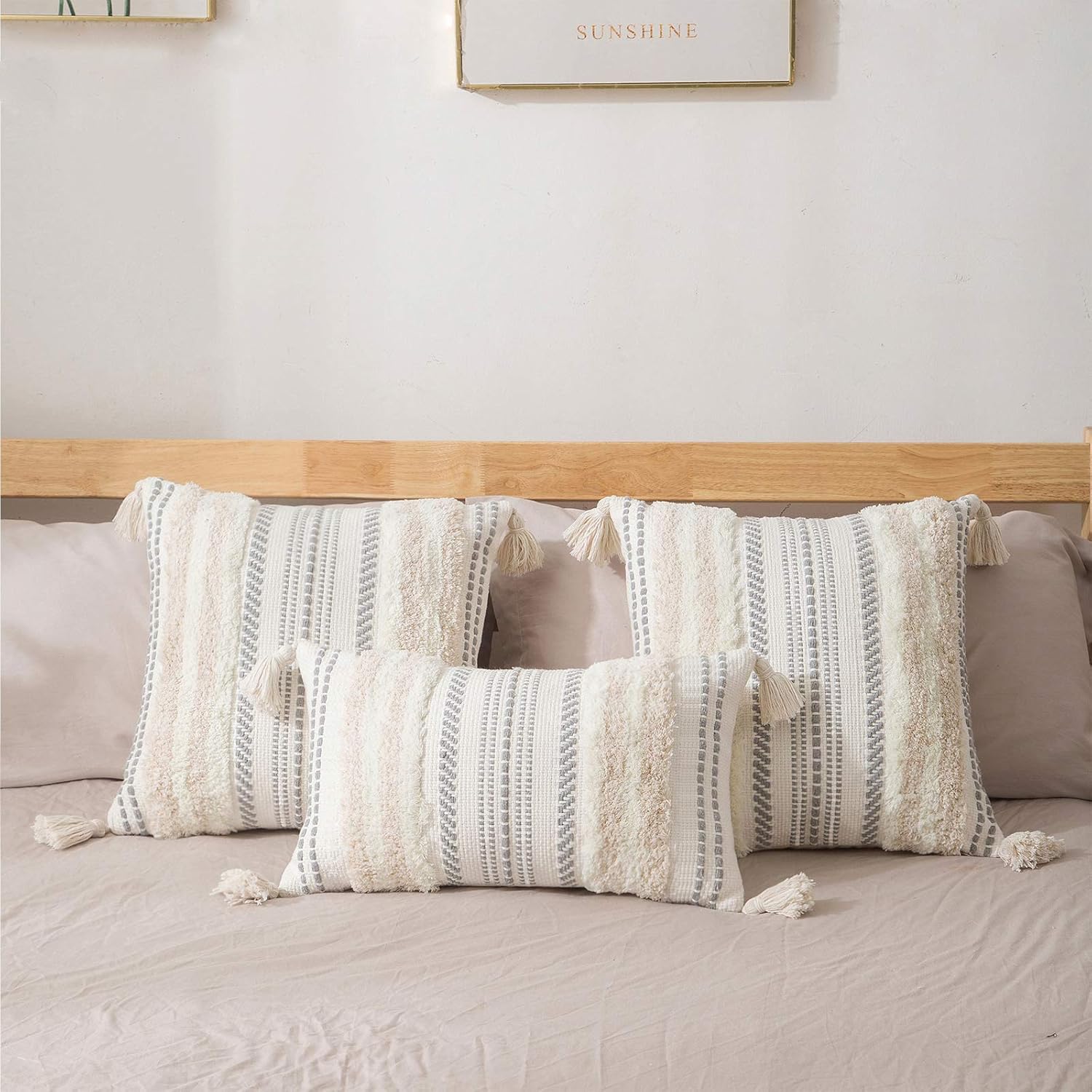 decorUhome Set of 2 Boho Decorative Throw Pillow Covers for Bed Bedroom Neutral Accent Cushion Cover Tufted Woven Pillow Case, 20x20, Beige: Home & Kitchen