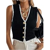 SHENHE Women's Old Money Crochet Sweater Vest Contrast Binding Button Down Knit Cardigan Black Medium