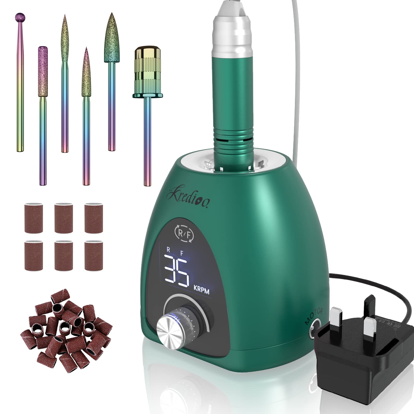 Kredioo Electric Nail Drill - Professional 35000RPM Nail Files for Acrylic and Gel Polish, Nail Drill Machine with Pause Button and LED Display, Salon/Home Use, 36W, Green
