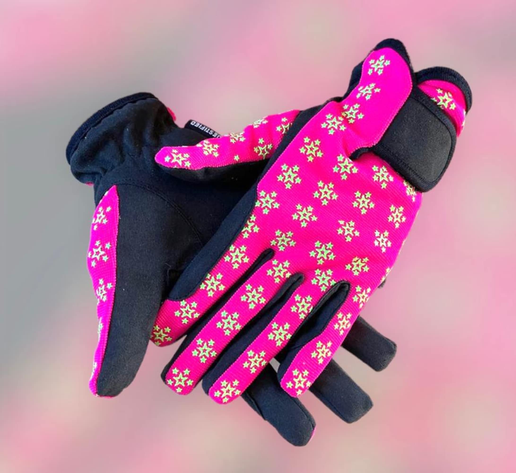 Equestified Youth Equestrian Gloves with STAR Design for Girls & Boys Children Gloves All Weather Outdoor Sports Gloves Horse Riding (12-14 Years, Pink)