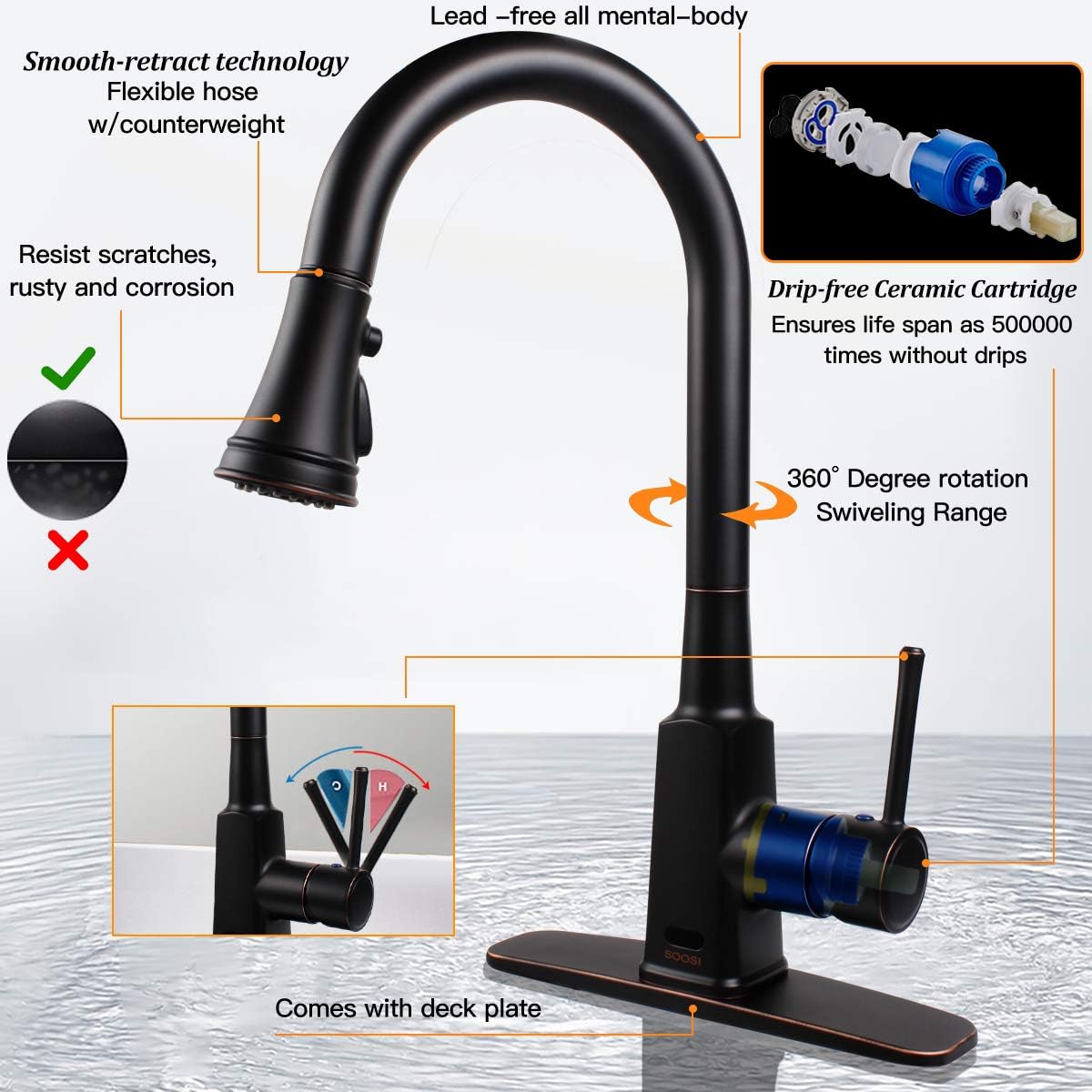 Touchless Kitchen Faucet, Soosi Motion Sensor Single Handle Automatic Kitchen Faucets One/3 Hole3 Setting Sprayer Oil Rubber Bronze Kitchen Faucets with Pull Down Sprayer Spot Free Stainless Steel - - 