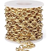16.5FT Gold Oval Rolo Chains Roll, 7.5mm Width 18K Gold PVD Plated 304 Stainless Steel Oval Cable Link Chain Bulk Spool for Jewelry Making DIY Craft