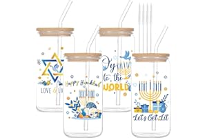 Shejdgart Hanukkah Glass Cups Gifts - 4Pcs 16oz Chanukah Glasses Cup Coffee Mug with Lid Straw, Happy Hanukkah Glass Tumbler 