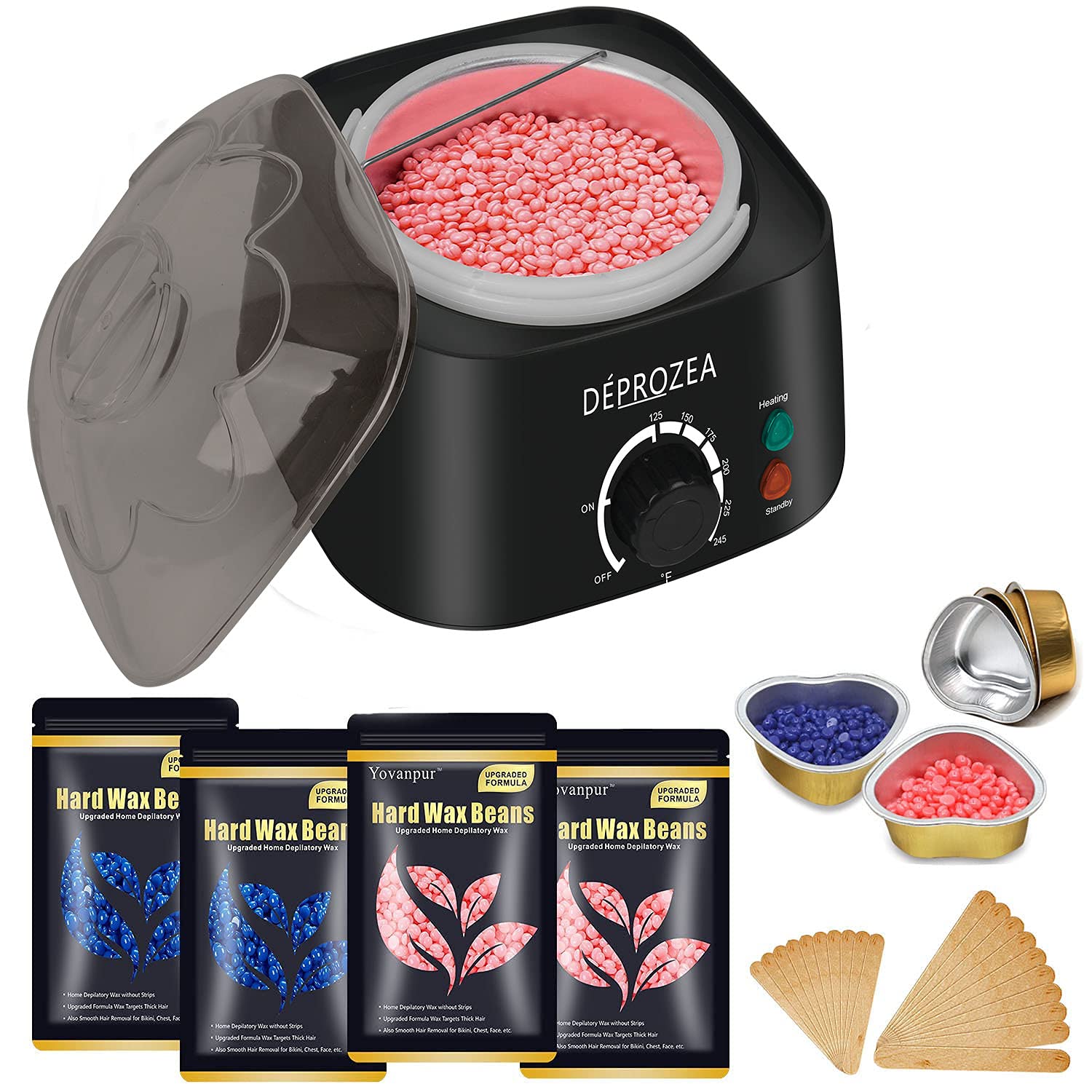 Wax Kit for Hair Removal, Waxing Warmer with 4 Bags Painless Hard Wax Beans Hair Removal Kit (3.5oz/Bag) 20 Wax Applicator Sticks, At Home Waxing Kit for Eyebrow,Armpit, Bikini, Brazilian