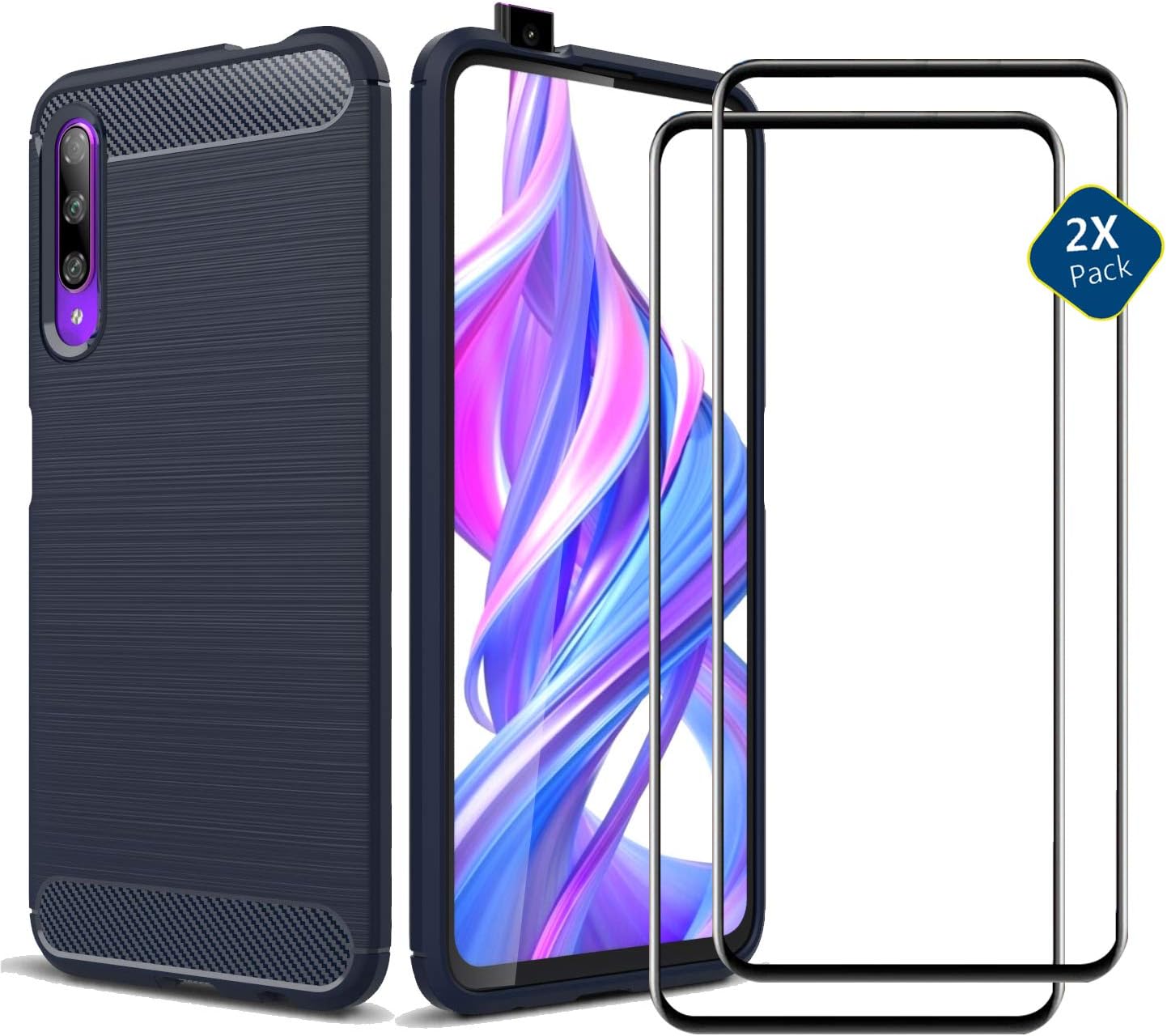 DYIGO Case + 2 Pack Screen Protector Compatible with Huawei Honor 9X Pro/Huawei Y9S/Honor 9X,Brushed texture is easy to grip, anti-fall mobile phone case, ultra-light protective cover(blue)