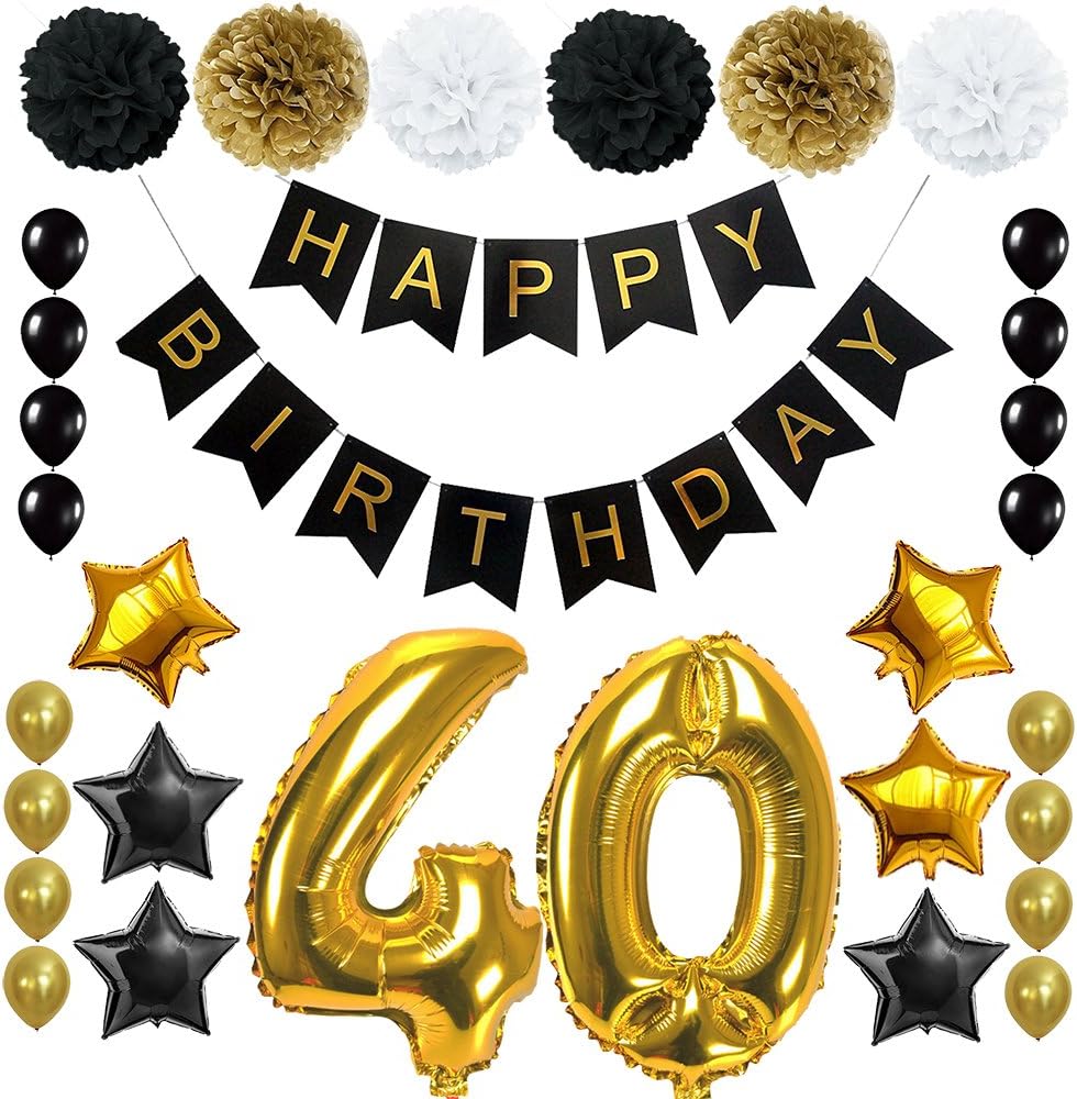 Happy 40th Birthday Balloons Set for 40 Years Old Birthday Party Decoration Supplies Gold Black