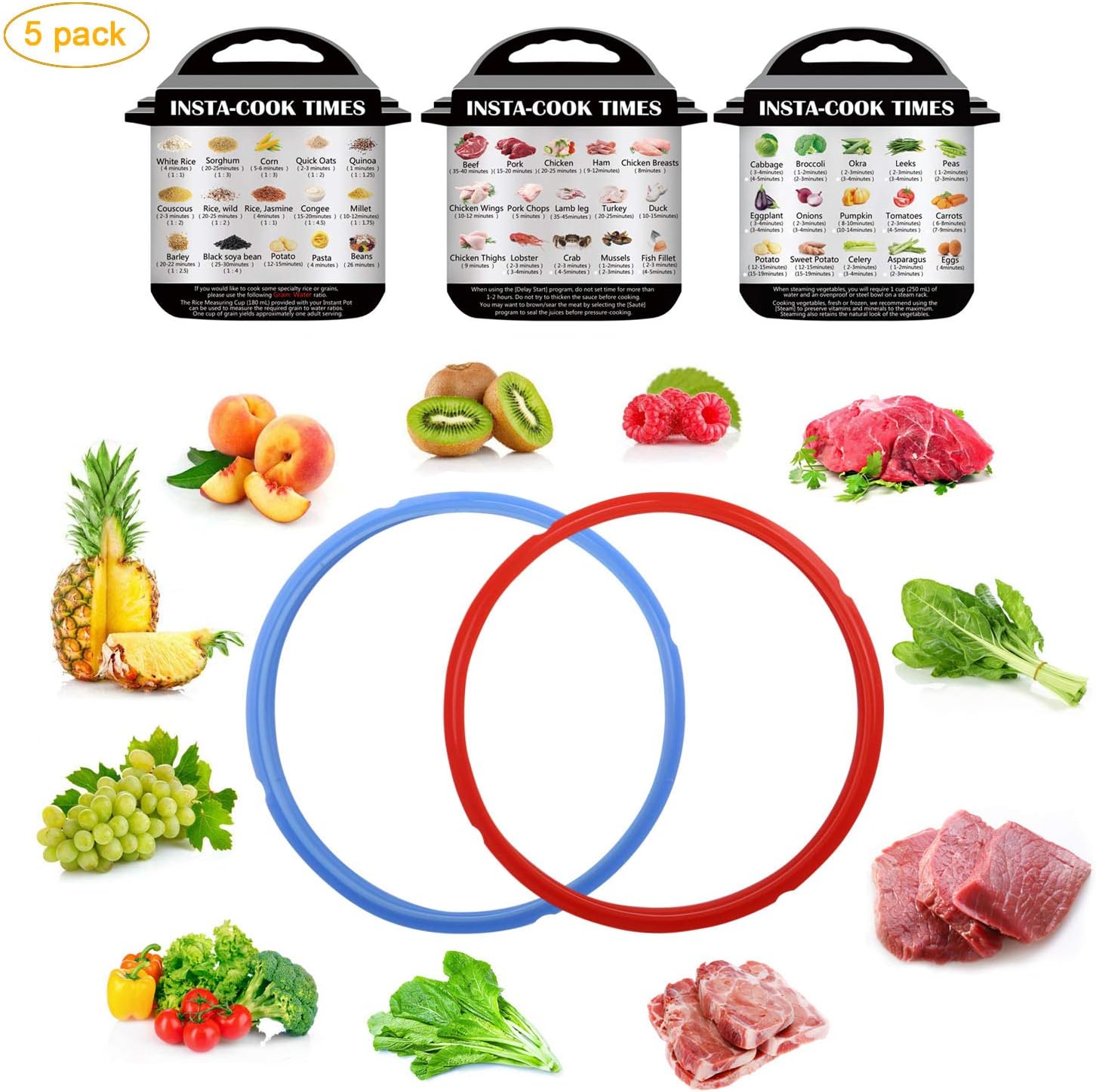Instant Pot Accessories Set 5-3pcs Cookbook Magnets Cheat Sheet | 2pcs Silicone Sealing Ring | Fits 6, 8 QT InstantPot | Best Gift Idea