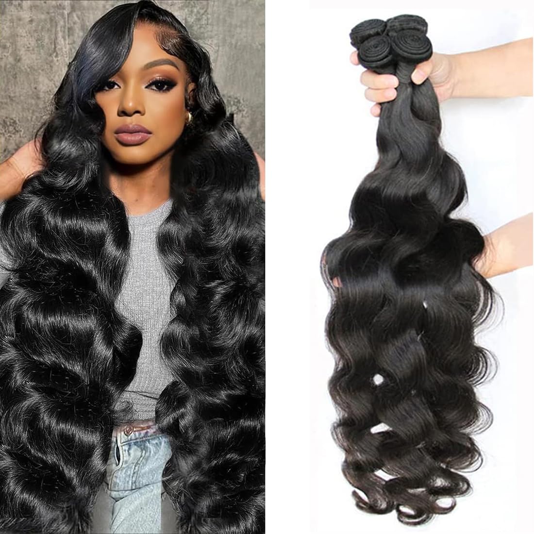 BEAUFOX Body Wave 4 Bundles Human Hair 22-28 Inch 12A Brazilian Virgin Curly Human Hair Bundles Double Weft Black Color Wet and Wavy Hair Extensions — image 1