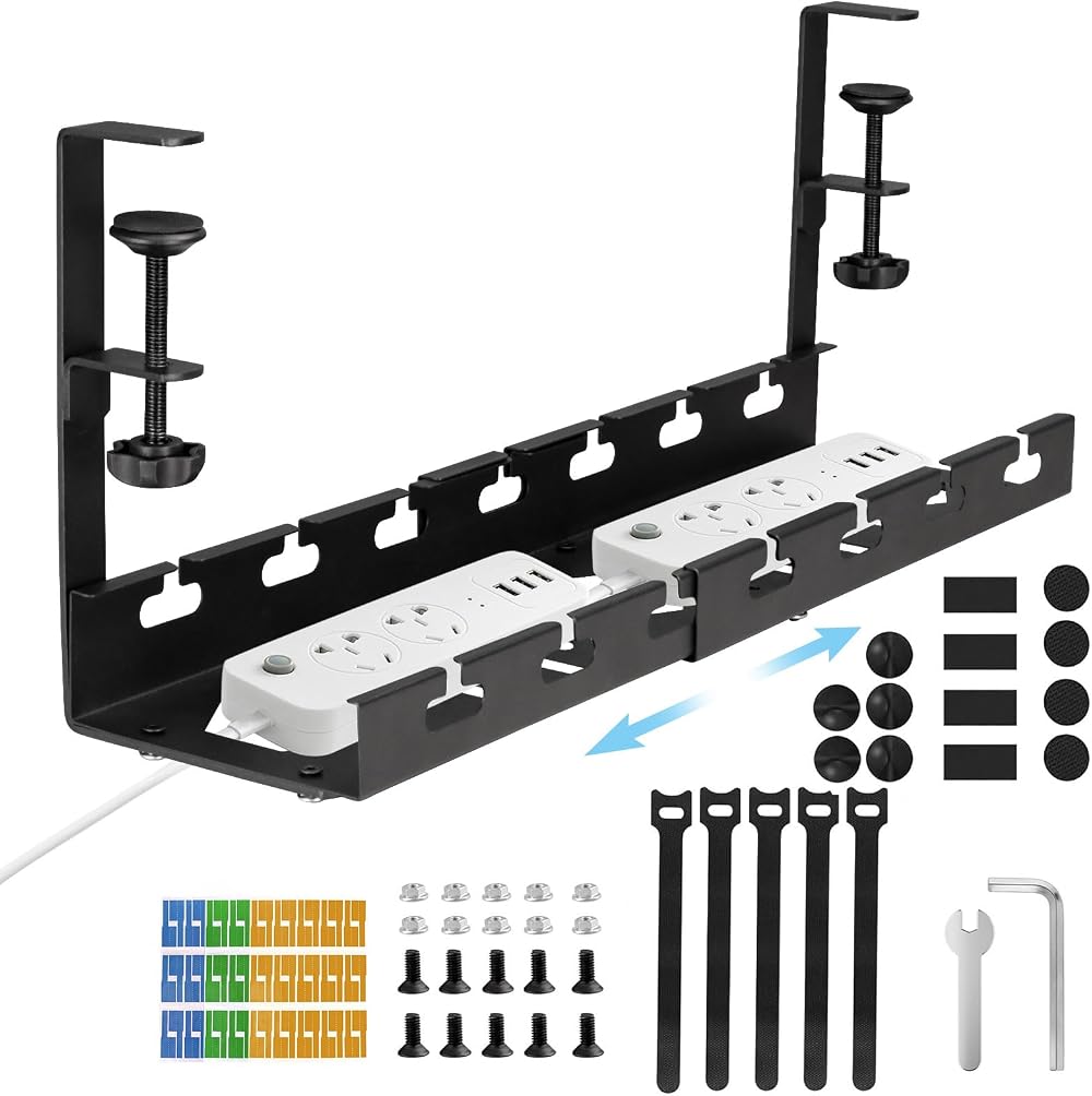 seOSTO Retractable Under Desk Cable Management Tray No Drill 11-21 inch Steel