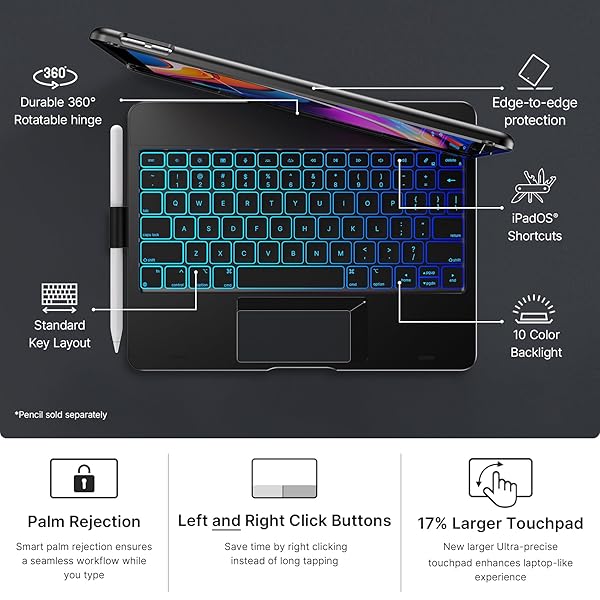 TYPECASE TOUCH FOR IPAD 9TH GENERATION CASE WITH KEYBOARD (10.2″, 2021),MULTI-TOUCH TRACKPAD,10 COLOR BACKLIGHT, 360° ROTATABLE, THIN & LIGHT FOR 8TH GEN (2020),7TH GEN (2019), AIR 3,PRO 10.5 (BLACK).