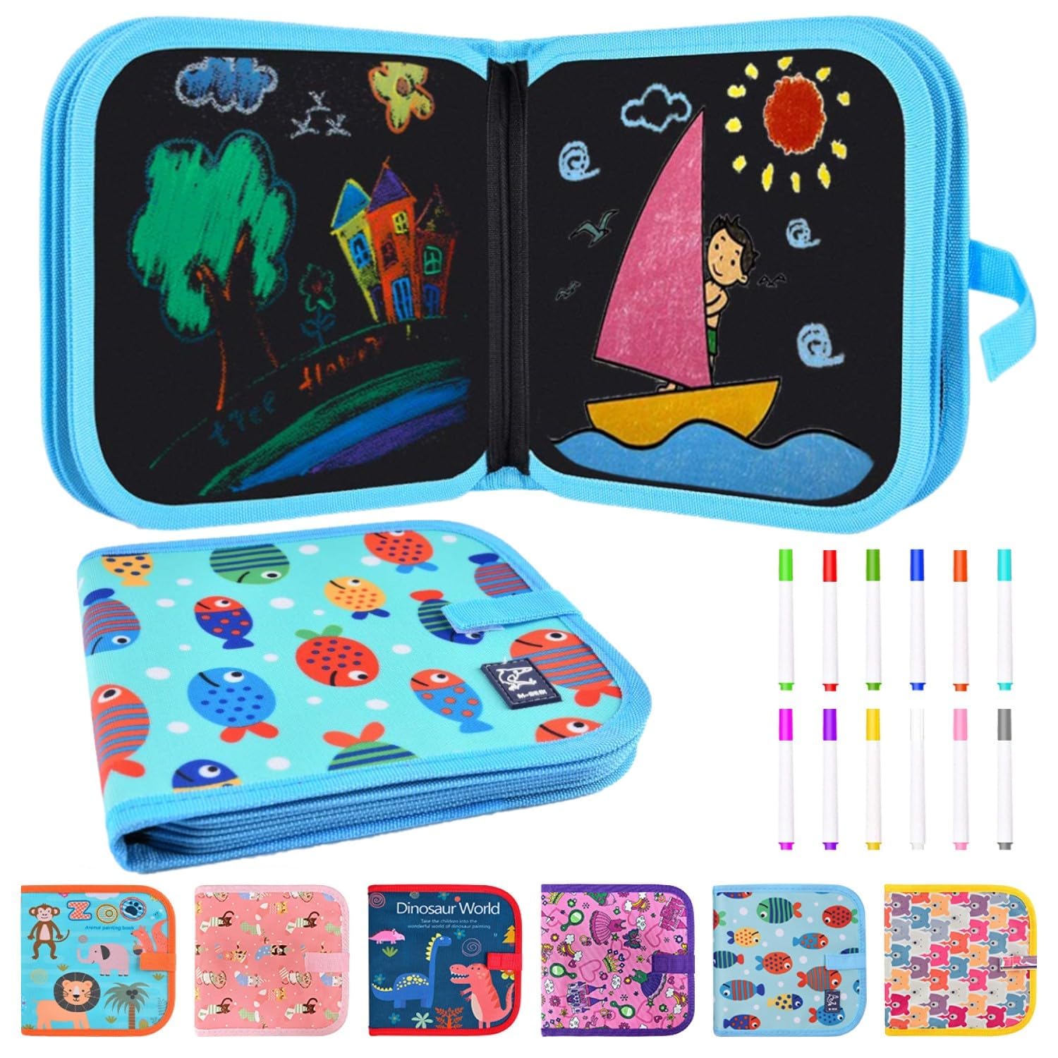 Funkprofi Erasable Coloring Book for Kids, Portable erasable graffiti drawing book,Erasable doodle books for Kids 14 Pages Reusable Drawing Board with 12 Colored Pencils,blue