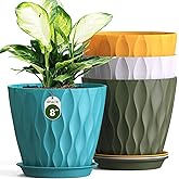 Areutxbis 8 Inch Plant Pots 4 Pack Plastic Planters with Drainage &amp; Saucers | 8 inch 4 pack plastic plant pots with 3D water ripple texture, drainage holes and saucers for indoor outdoor plants