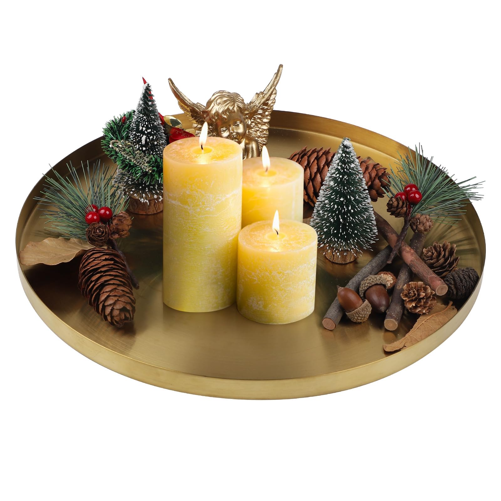 EXELCO Round Decorative Tray Gold Serving Plate Decorative Tray Stainless Steel Serving Tray Candle Tray Storage Tray Metal Tray Bathroom Jewellery Organiser Buffet Plate for Cosmetics Dessert Candles