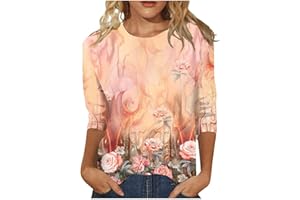 ARICY 3/4 Length Sleeve Womens Tops Casual Summer Spring Vacation Trendy T Shirt Crewneck Floral Printed Three Quarter Tunic Blouse