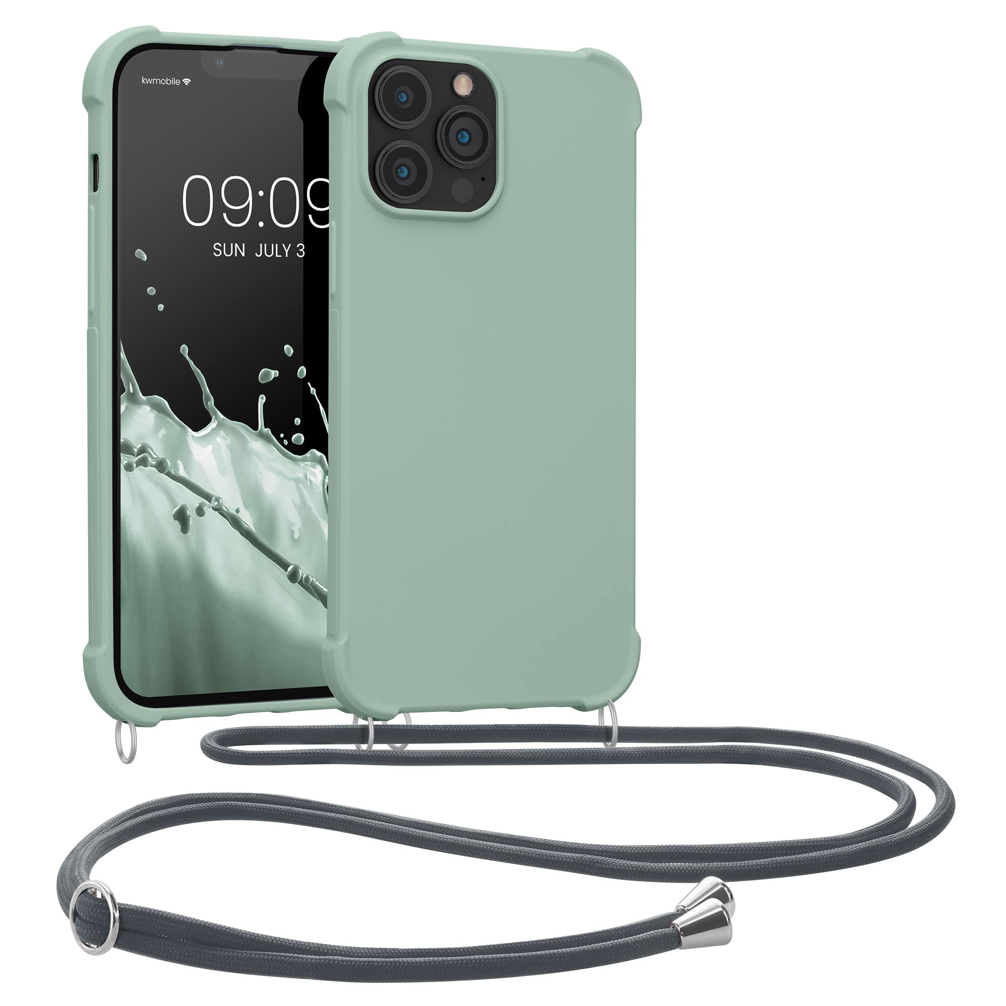 kwmobile Crossbody Case Compatible with Apple iPhone 13 Pro Max Case - TPU Silicone Cover with Strap - Gray Green