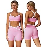 ABOCIW Workout Sets for Women 2 Piece Color Block Strappy Sports Bra Crossover High Waist Shorts Gym Yoga Pilates Outfits