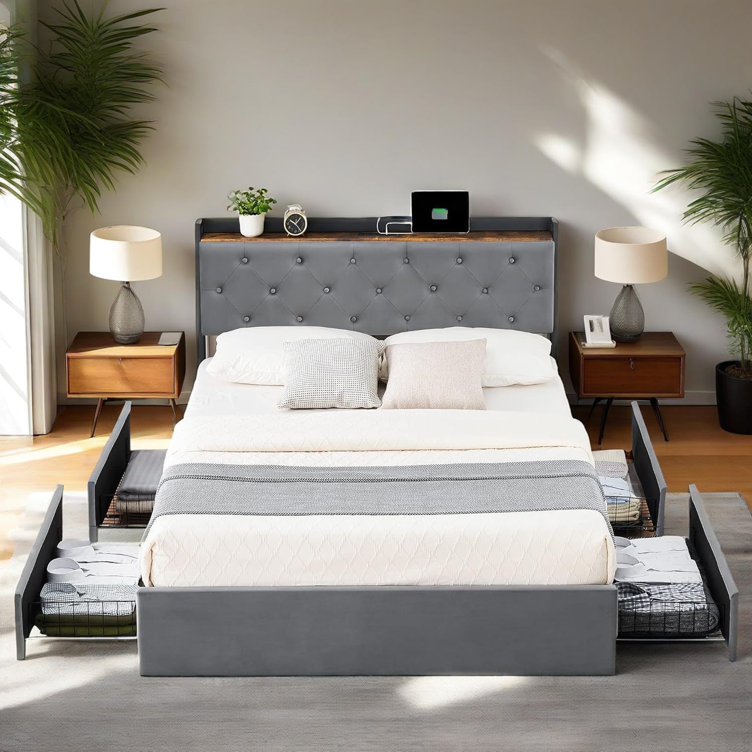 Photo 1 of Queen Bed Frame with Charging Station Upholstered Headboard & 4 Storage Drawers,Queen Platform Bed Frame Mattress Foundation with Wooden Slats Support, No Box Spring Needed,Light Grey